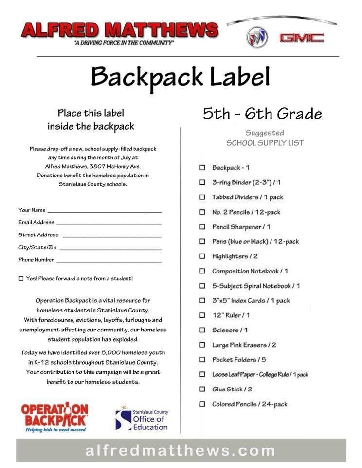 Operaion: Backpack 5th - 6th Grade