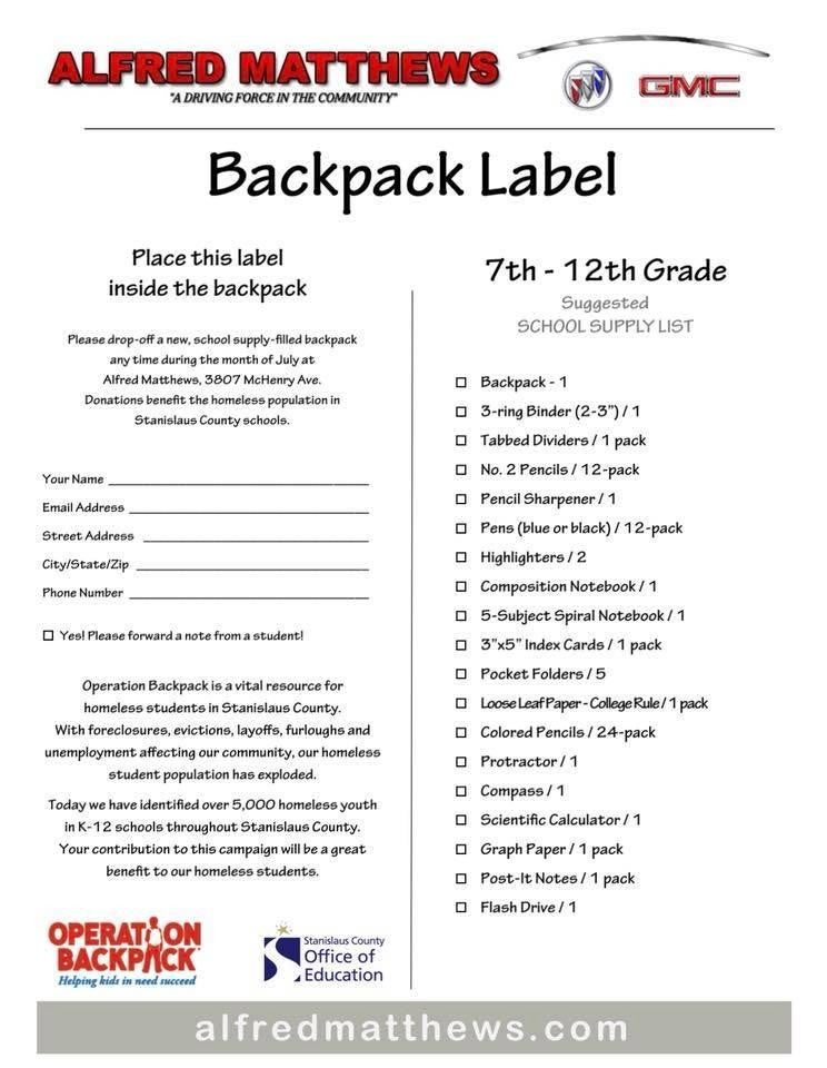 Operaion: Backpack 7th - 12th Grade